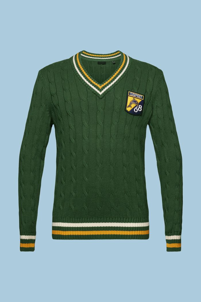Sweater i kabelstrik med applikeret logo, EMERALD GREEN, detail image number 6