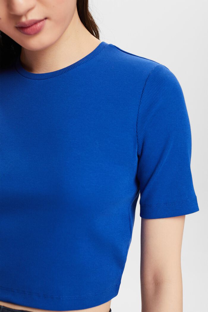 Cropped, ribbet T-shirt i bomuld, BRIGHT BLUE, detail image number 3