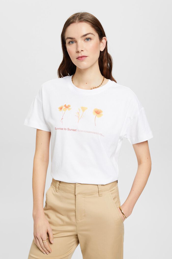 T-shirt med blomsterprint på brystet, WHITE, detail image number 0