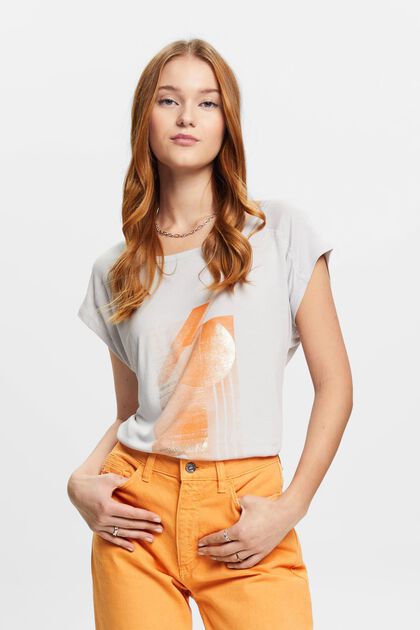 T-shirt med print på fronten, LENZING™ ECOVERO™, PASTEL GREY, overview