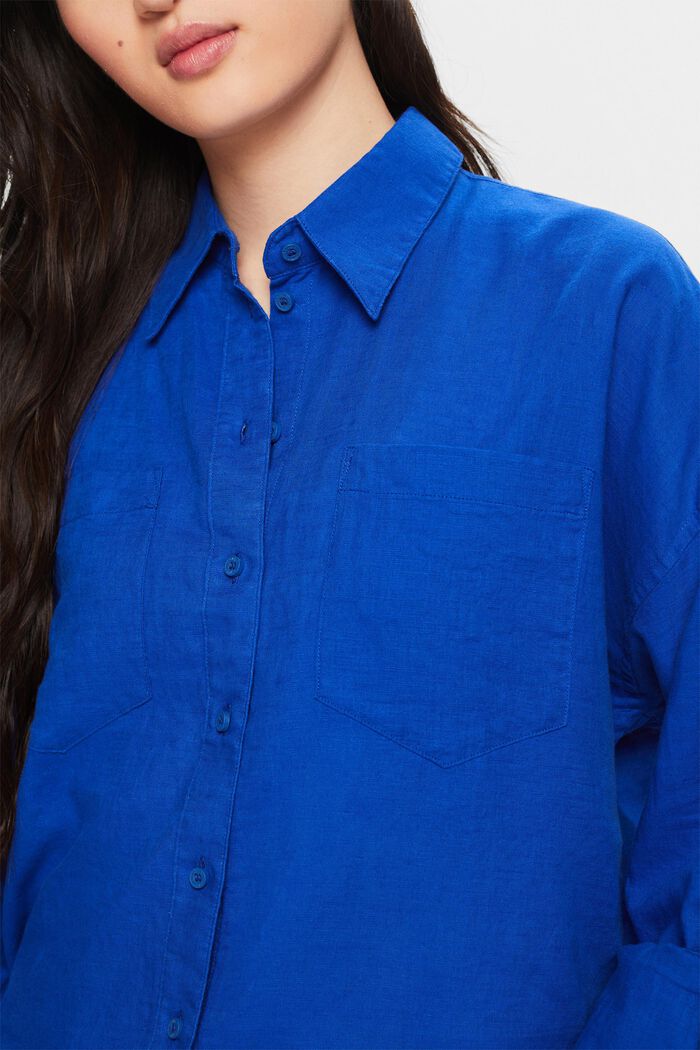Skjortebluse i bomuld og hør, BRIGHT BLUE, detail image number 3