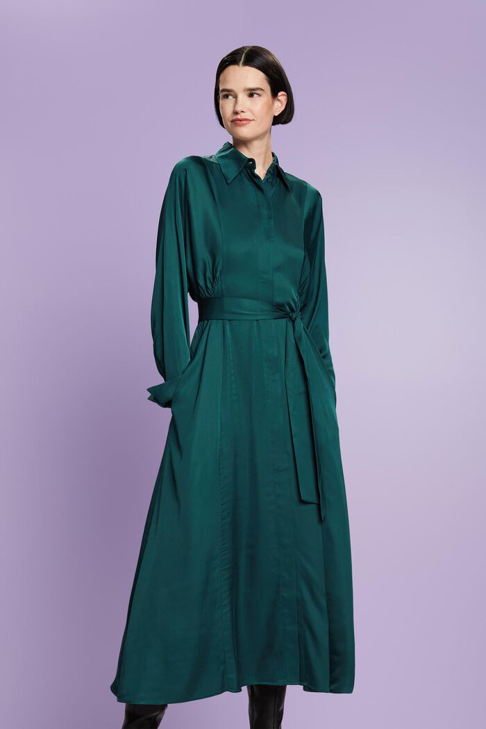 Satin kjole med bælte, EMERALD GREEN, detail image number 2
