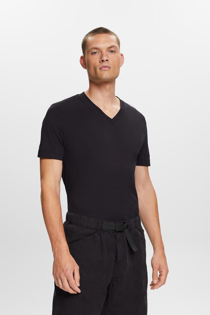 Jersey-T-shirt med V-hals, 100 % bomuld, BLACK, detail image number 0