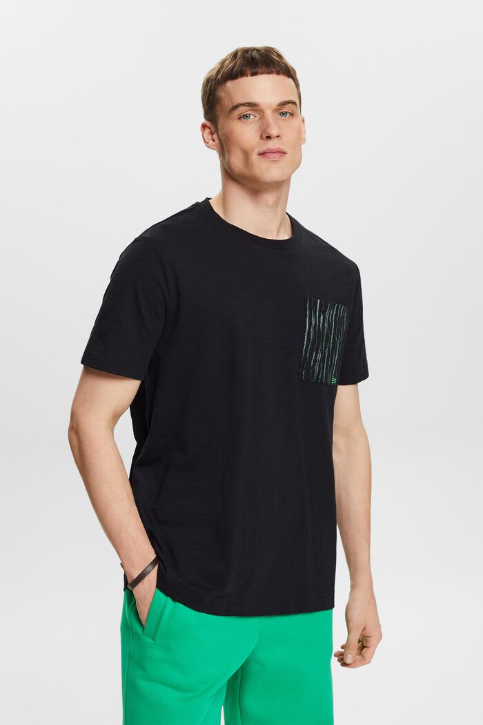 T-shirt i bomuldsslub med lomme og logo, BLACK, detail image number 0