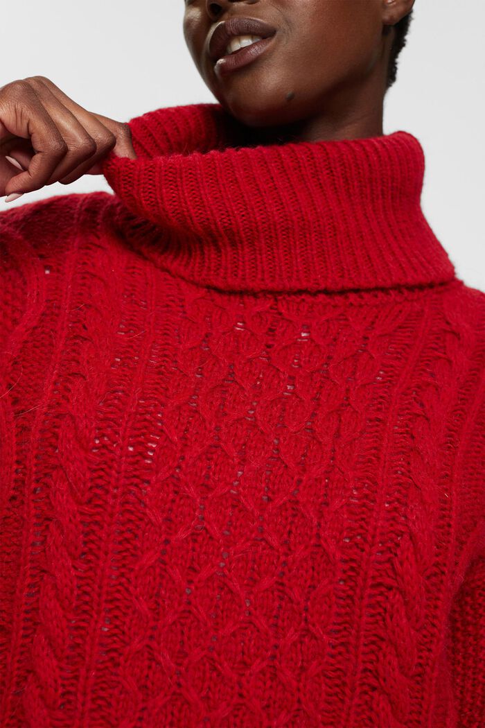 Sweater i kabelstrik med rullekrave og uld, DARK RED, detail image number 2
