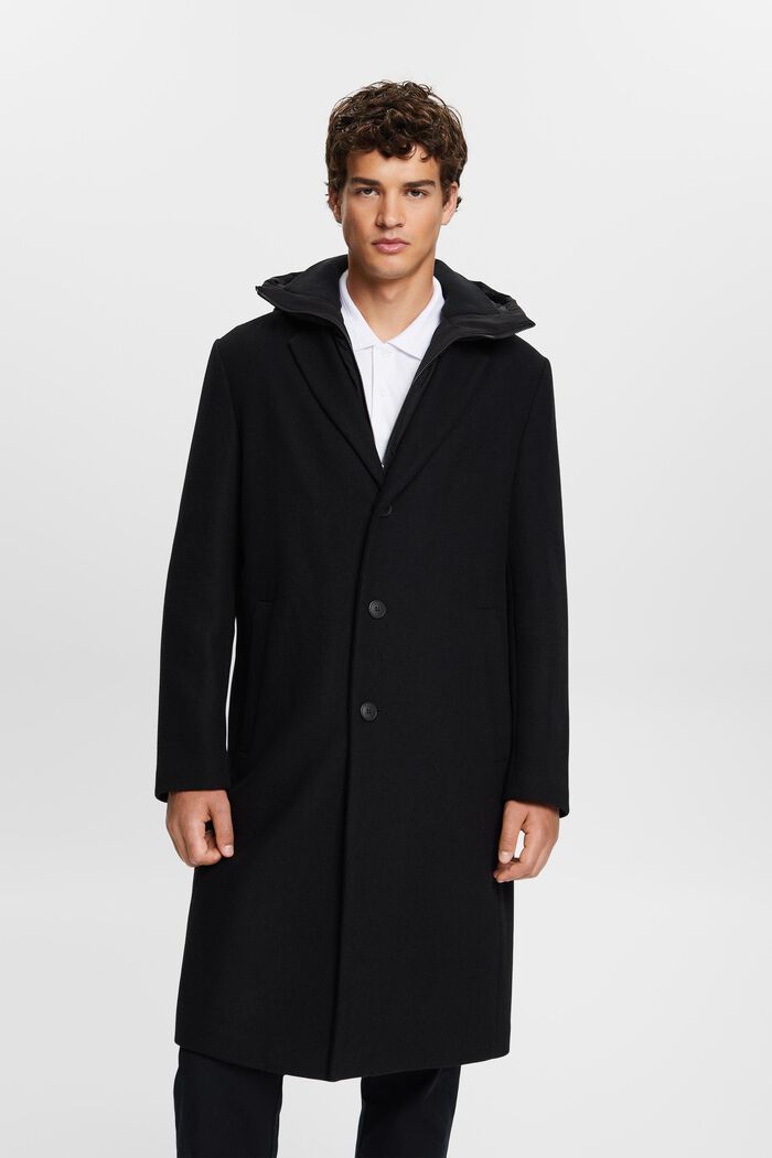 Frakke i uldmiks med aftagelig hætte, BLACK, detail image number 0