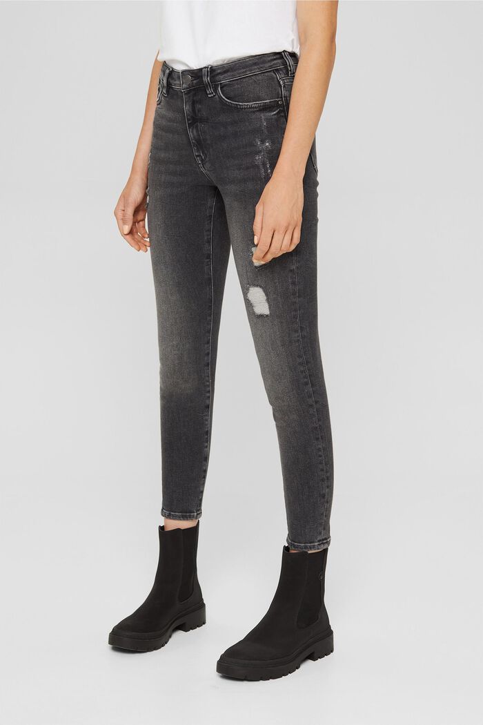 Cropped, used stretch-jeans, økologisk bomuld, BLACK DARK WASHED, detail image number 0