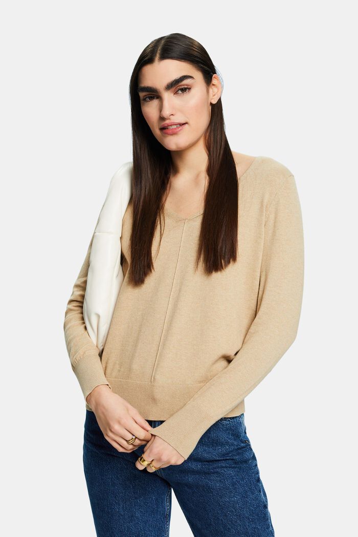 Sweater i bomuld med V-hals, SAND, detail image number 0