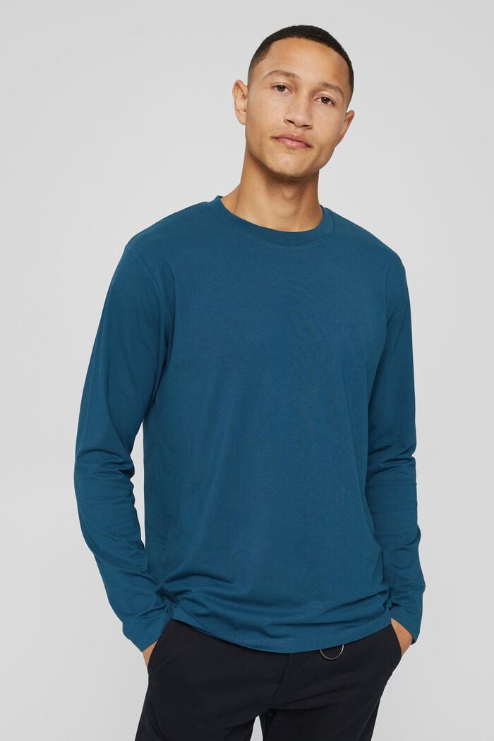 Langærmet T-shirt i jersey med COOLMAX®, PETROL BLUE, overview