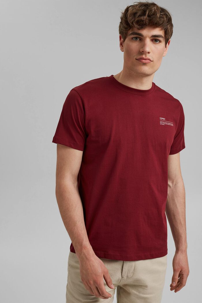 T-shirt i jersey med print, 100% økologisk bomuld, GARNET RED, overview