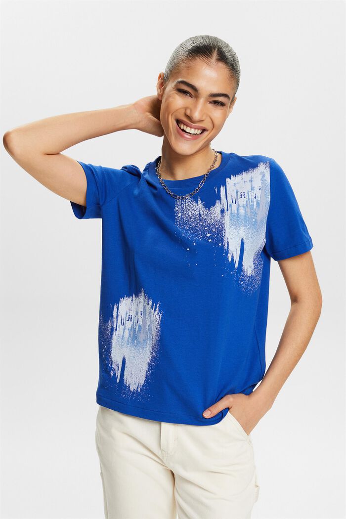 Bomulds-T-shirt med grafisk print, BRIGHT BLUE, detail image number 4