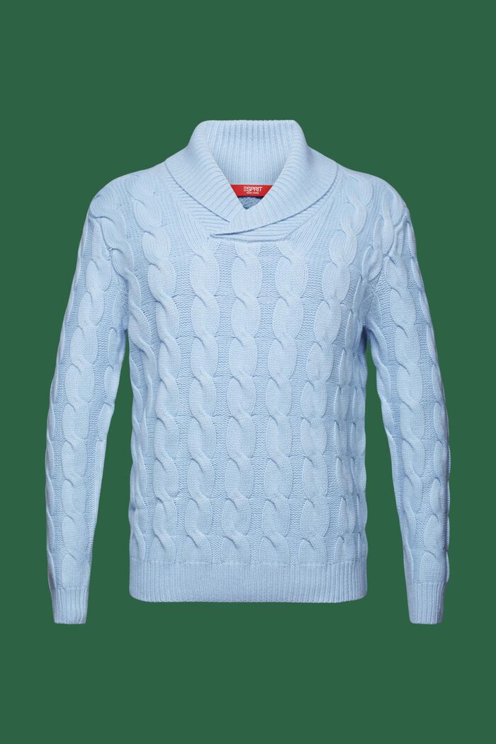 Kabelstrikket sweater i uld med sjalskrave, LIGHT BLUE LAVENDER, detail image number 7