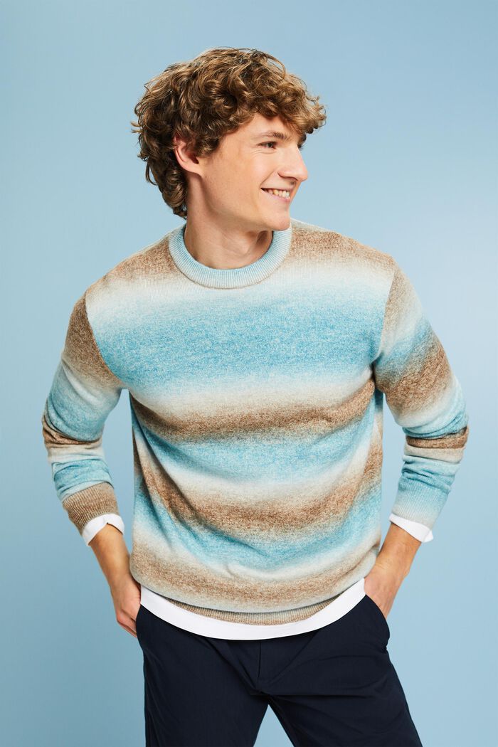 Sweater med rund hals og graduerede striber, DARK TURQUOISE, detail image number 0