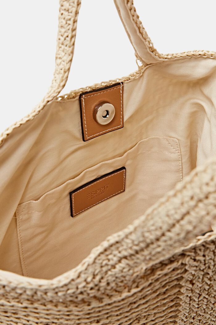 Vævet raffia-taske med kanter i kunstlæder, LIGHT BEIGE, detail image number 1