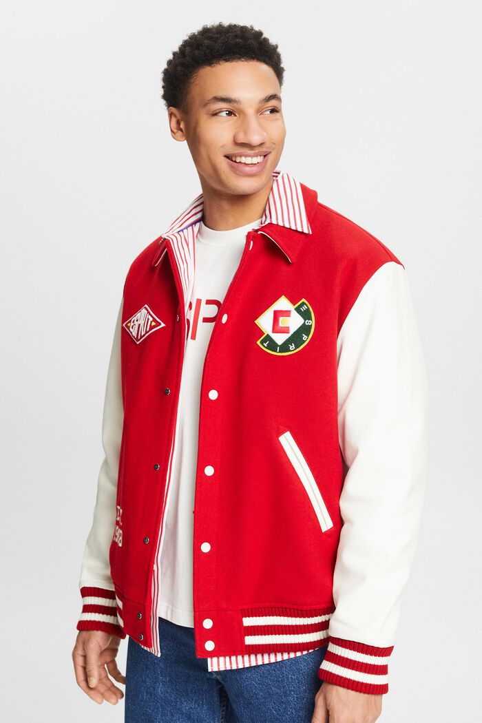 Varsity-jakke i uldmiks med applikeret logo, DARK RED, detail image number 0