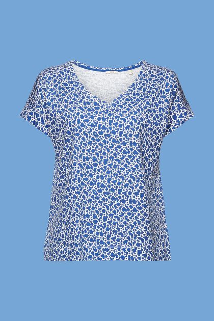 Bomulds-T-shirt med V-hals og allover-mønster
