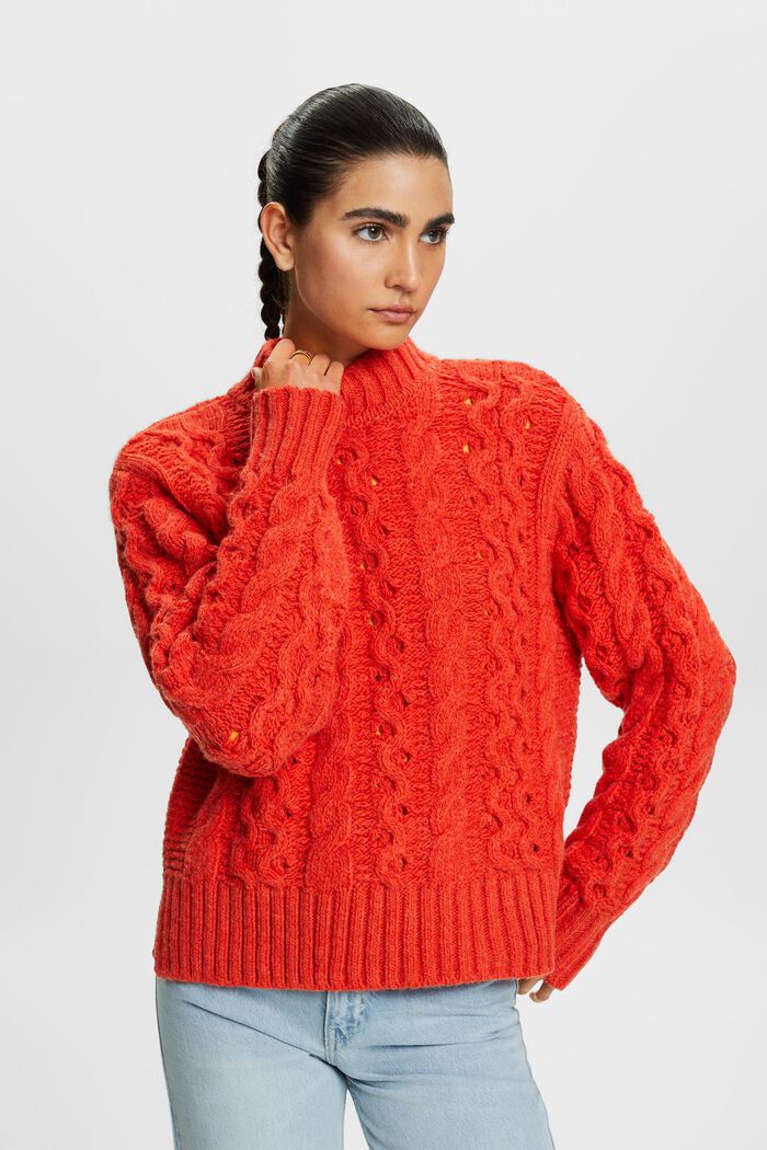 Kabelstrikket sweater i uldmiks, BRIGHT ORANGE, detail image number 1