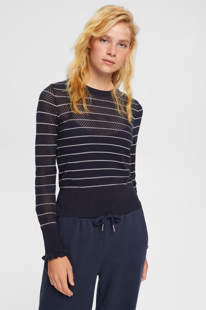 Stribet pointelle sweater, NEW NAVY, overview