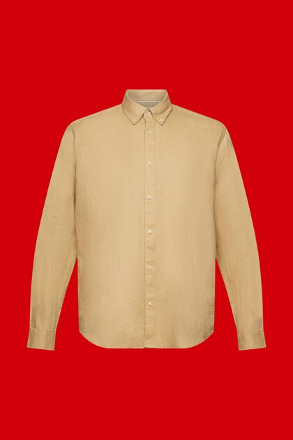 Button down-skjorte i bomulds- og hørmiks, BEIGE, overview