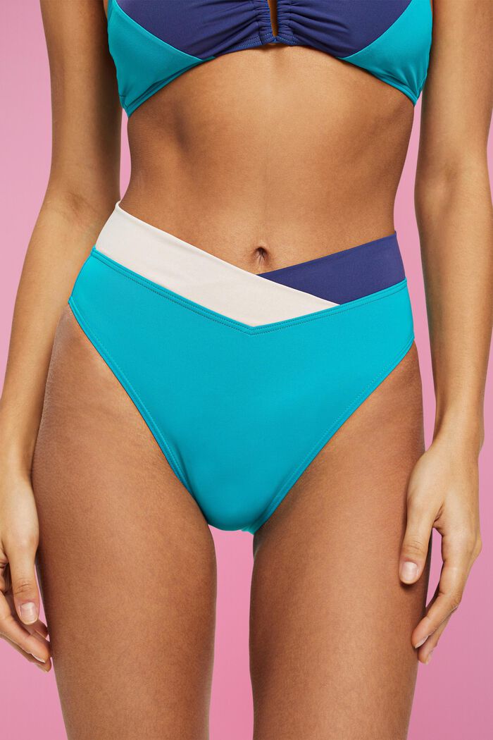 Bikinitrusser m. farveblok-design, mellemhøj talje, TEAL GREEN, detail image number 1