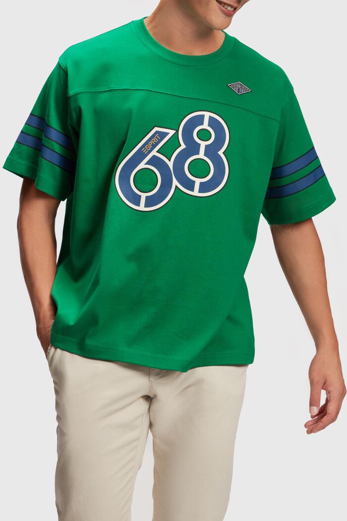 T-shirt med grafisk print og stribede ærmer, EMERALD GREEN, detail image number 0