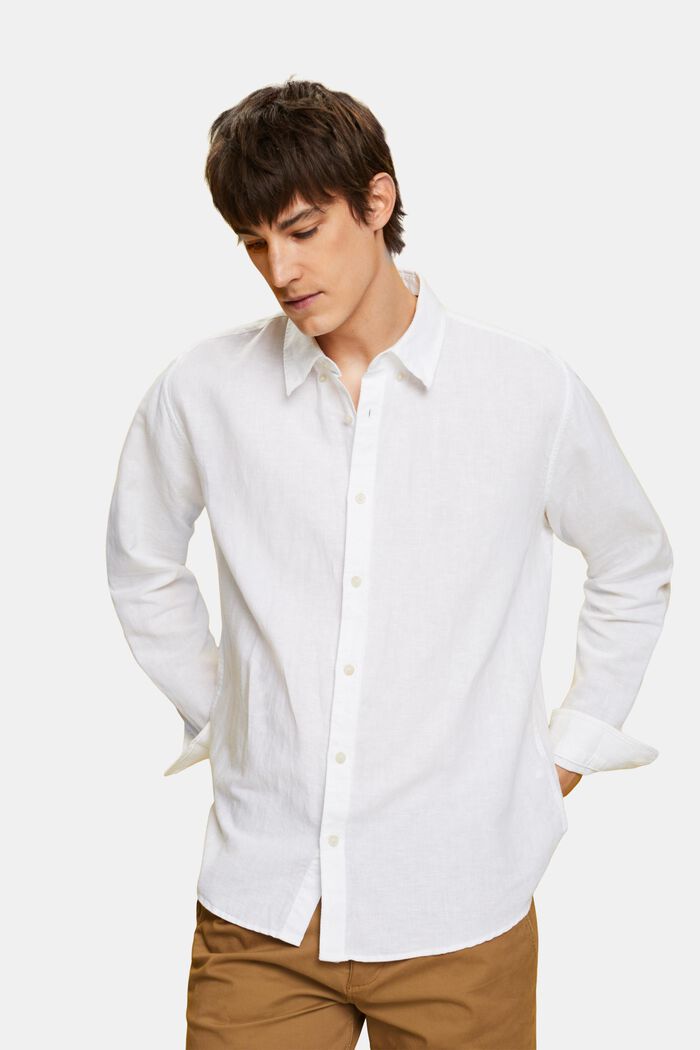 Button down-skjorte i bomulds- og hørmiks, WHITE, detail image number 0