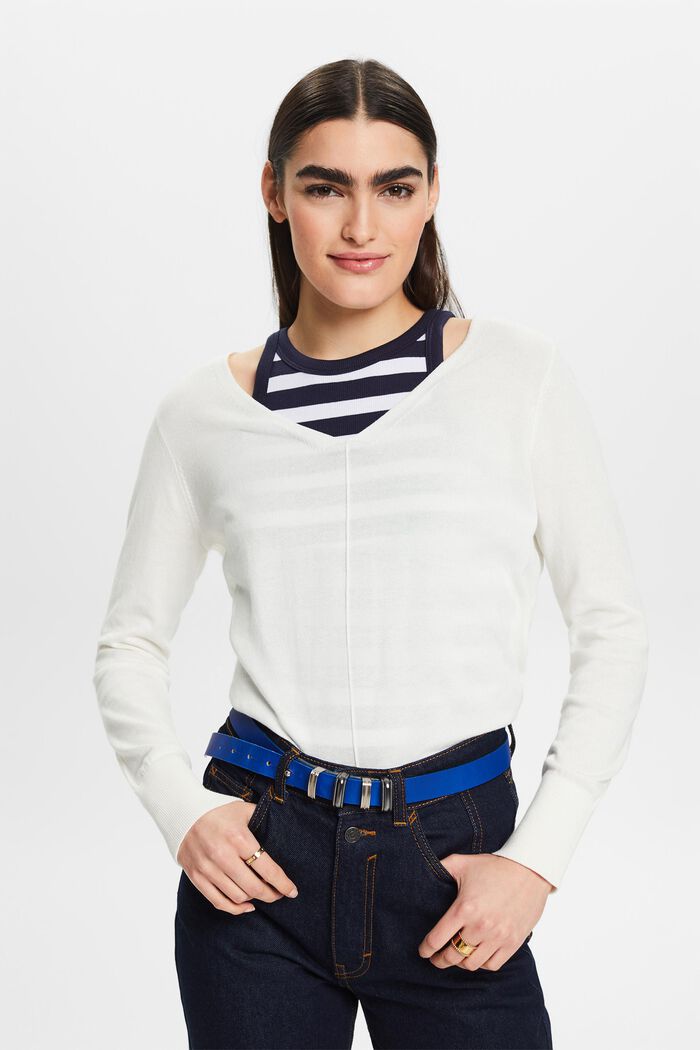 Sweater i bomuld med V-hals, OFF WHITE, detail image number 4