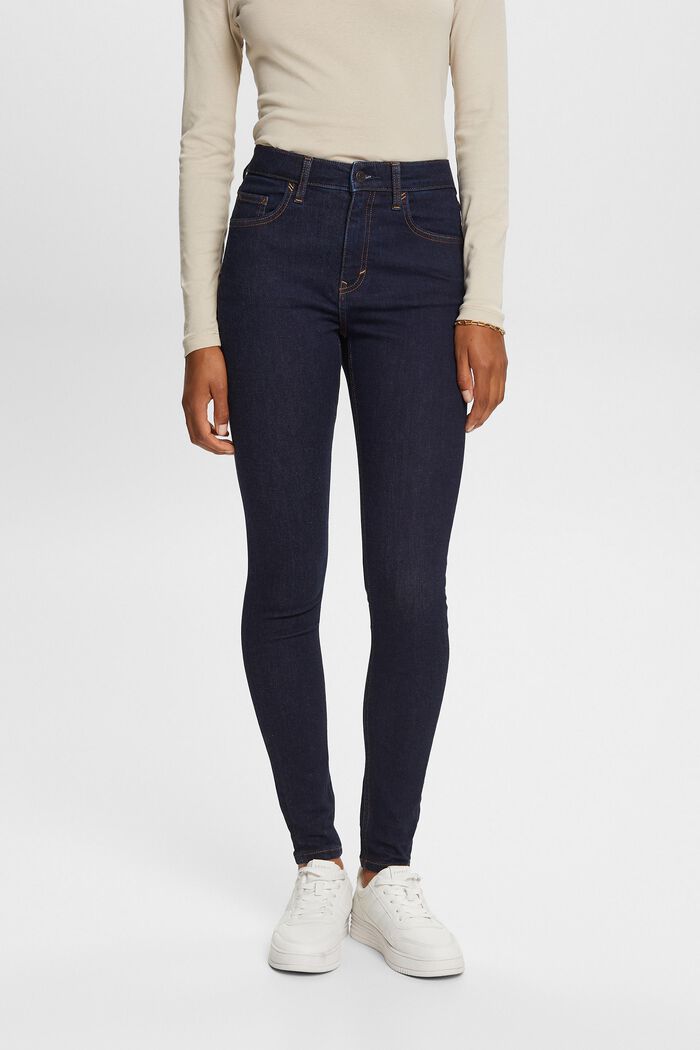 Skinny jeans med høj talje, strækbomuld, BLUE RINSE, detail image number 0