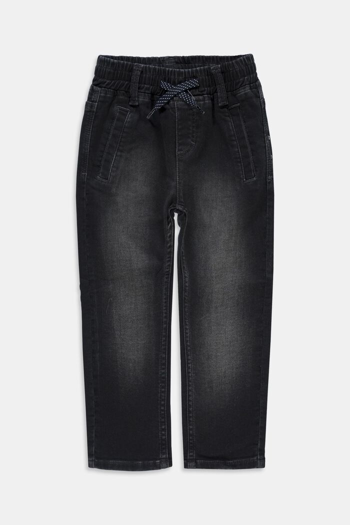 Jeans med elastisk linning og snøre, BLACK DARK WASHED, overview