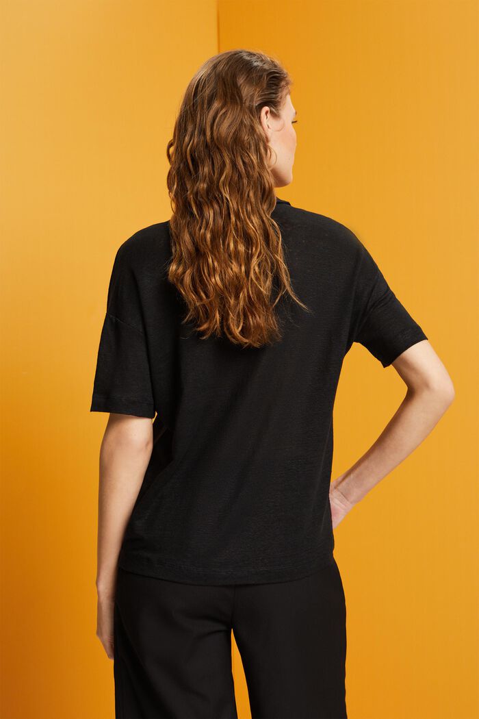 T-shirt med polokrave, 100 % hør, BLACK, detail image number 3
