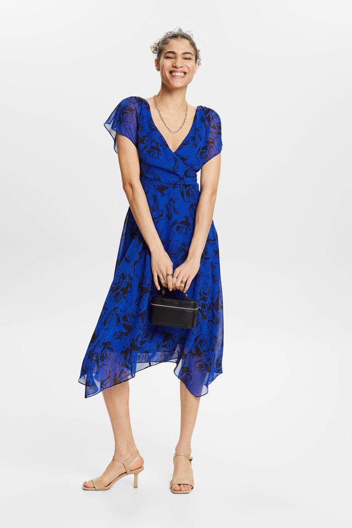 Maxi-kjole i chiffon med V-hals og print, BRIGHT BLUE, detail image number 1