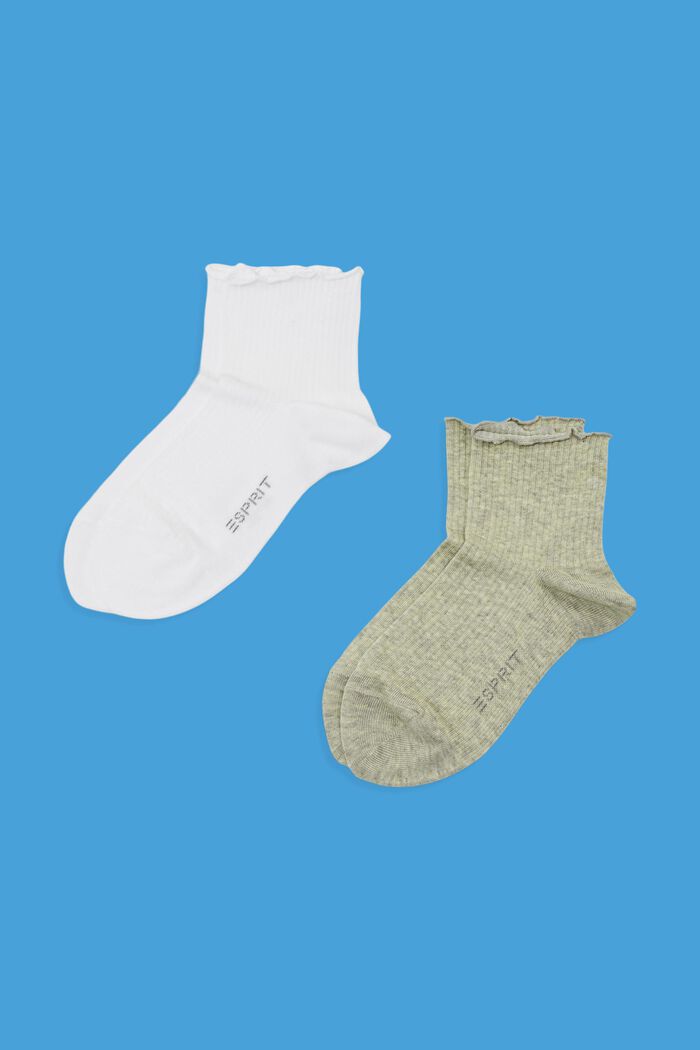 Pakke med 2 par sokker m. flæsemanchet, øko bomuld, KHAKI/WHITE, detail image number 1
