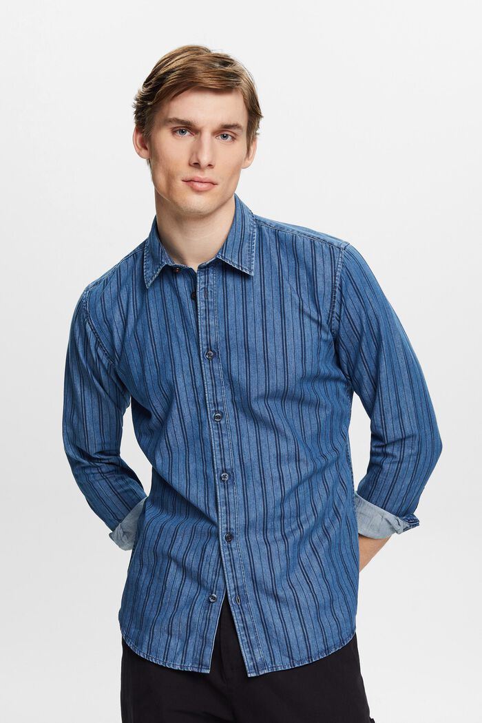 Slim fit-denimskjorte med striber, NAVY, detail image number 0