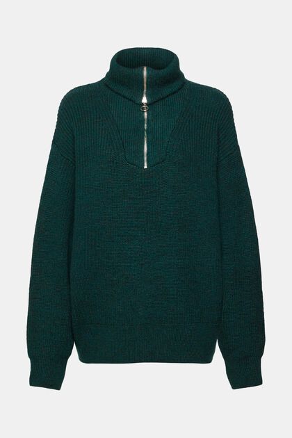 Strikket pullover med uld og lynlås i halv længde, TEAL GREEN, overview