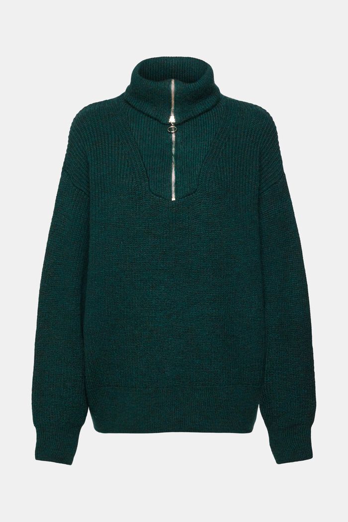 Strikket pullover med uld og lynlås i halv længde, TEAL GREEN, detail image number 6