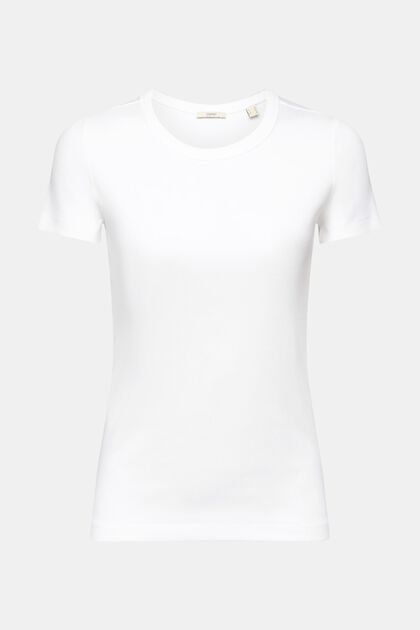 Ribbet T-shirt med rund hals, WHITE, overview