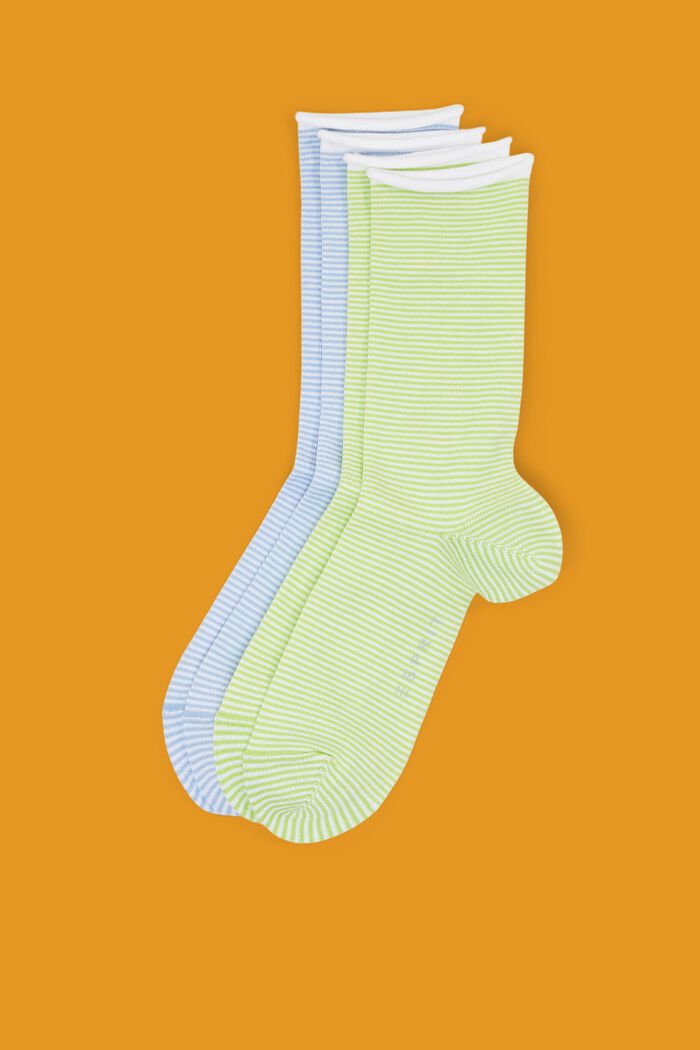 Pakke med 2 par stribede sokker, økologisk bomuld, BLUE/GREEN, detail image number 0