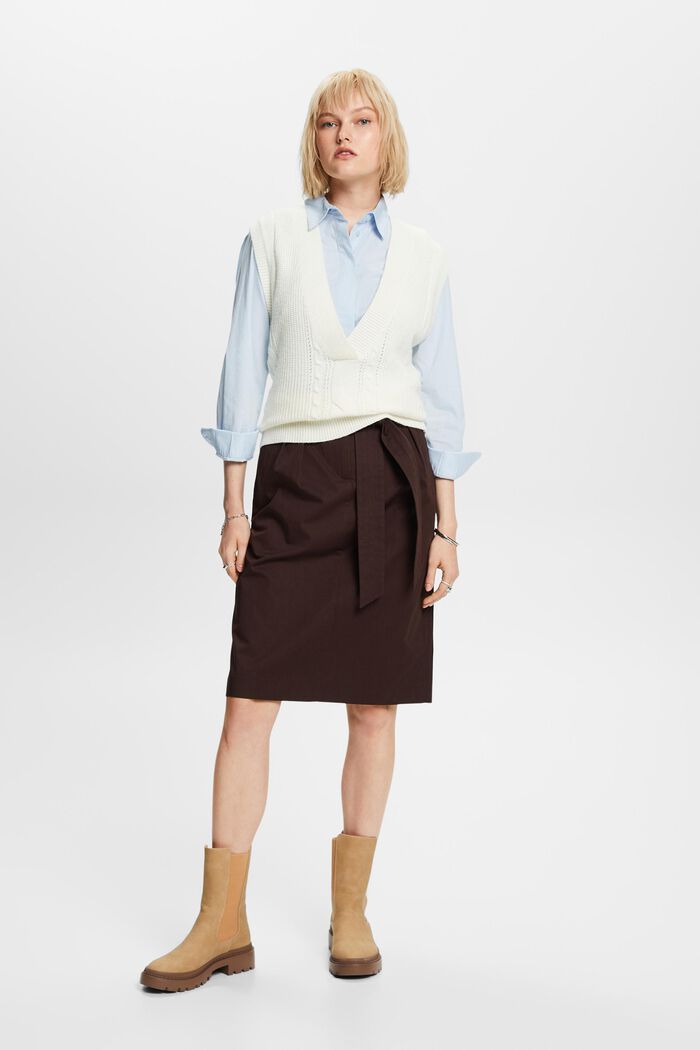Knælang nederdel med bælte, 100% bomuld, DARK BROWN, detail image number 1