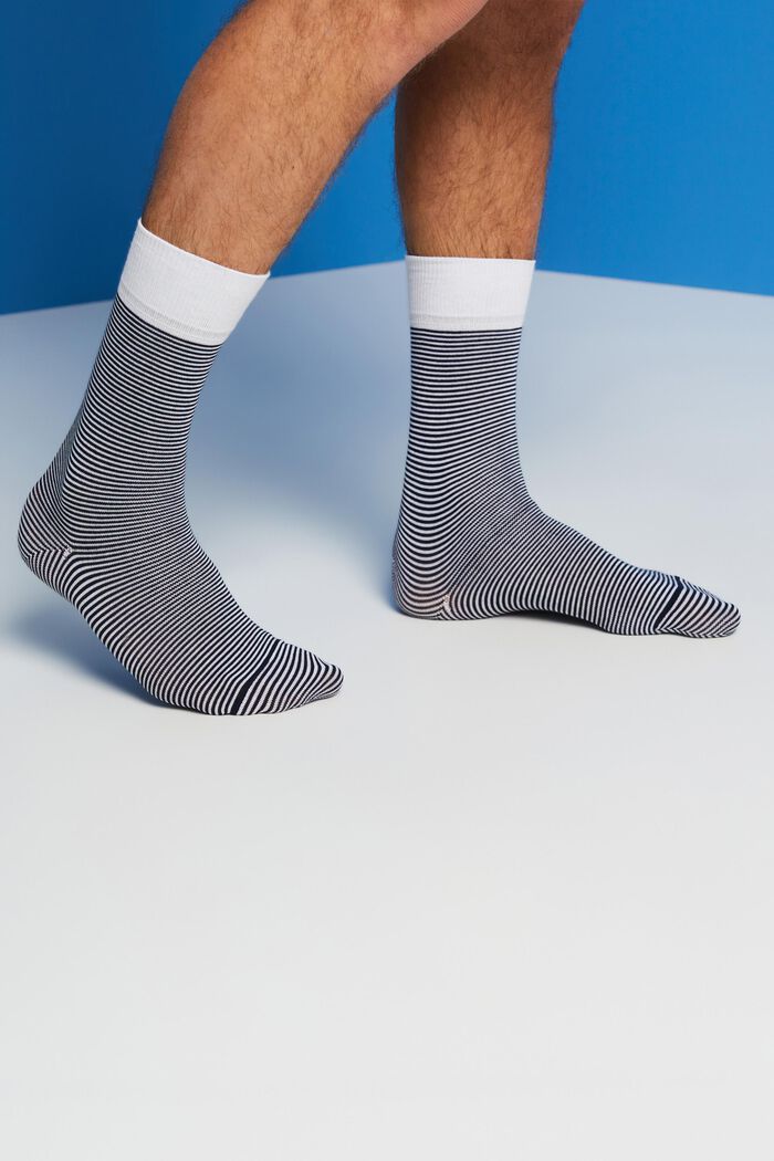 Pakke med 2 par stribede sokker, økologisk bomuld, BLUE/BLACK, detail image number 1