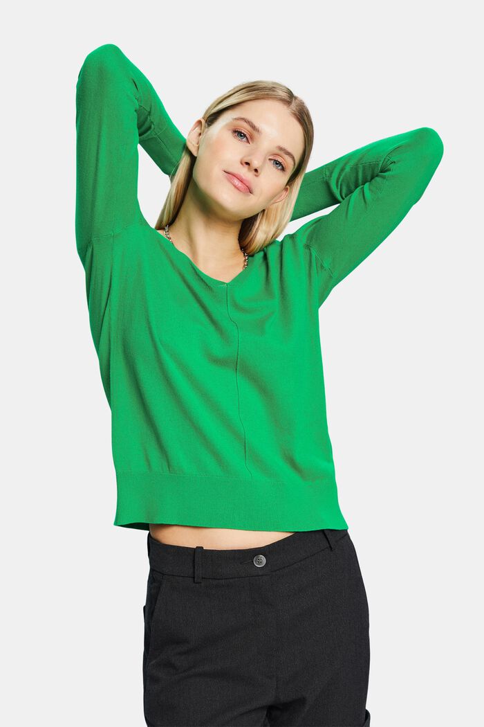 Sweater i bomuld med V-hals, GREEN, detail image number 4
