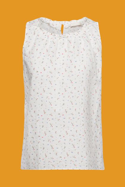 Ærmeløs bluse i hørmiks med blomsterprint, OFF WHITE, overview