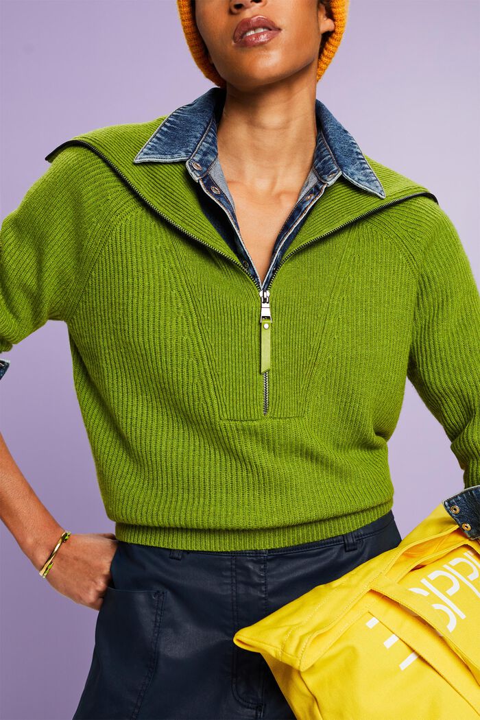 Ribstrikket troyer-sweater i uldmiks, LEAF GREEN, detail image number 3