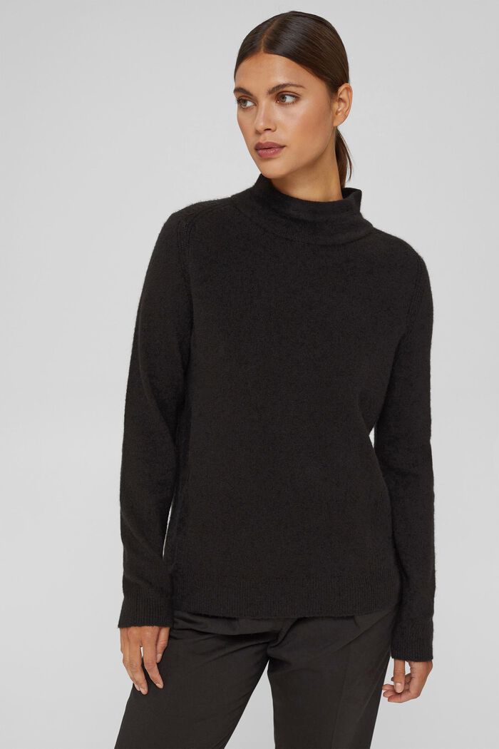 Med uld: pullover med høj krave, BLACK, overview