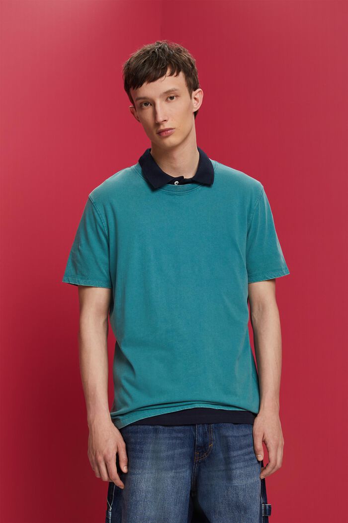 Garment-dyed T-shirt i jersey, 100 % bomuld, TEAL BLUE, detail image number 0