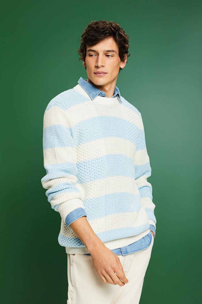 Stribet bomuldssweater i kabelstrik, PASTEL BLUE, detail image number 0