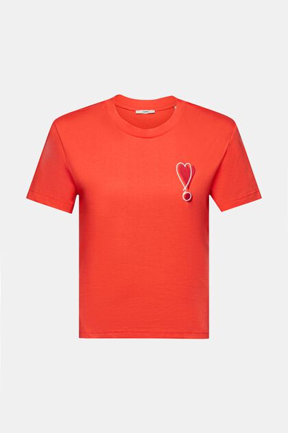 Bomulds-T-shirt med broderet hjertemotiv, ORANGE RED, overview