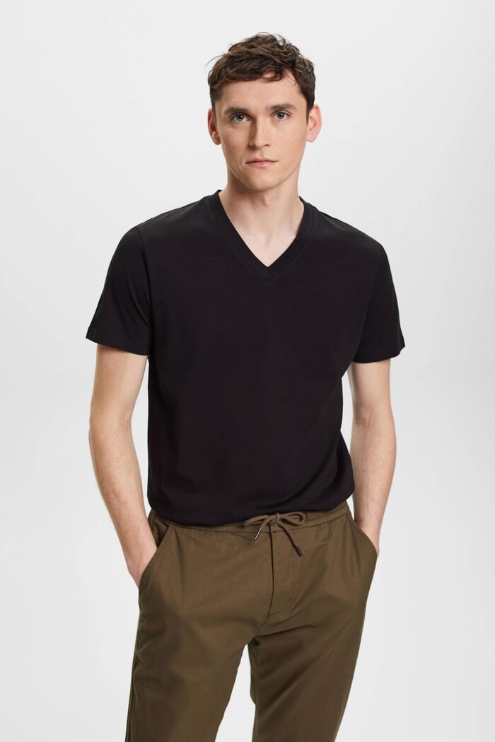 Slim fit bomulds-T-shirt med V-hals, BLACK, detail image number 0