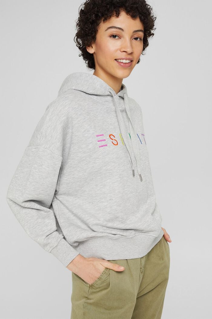 Meleret hoodie med kulørt, broderet logo, LIGHT GREY, overview