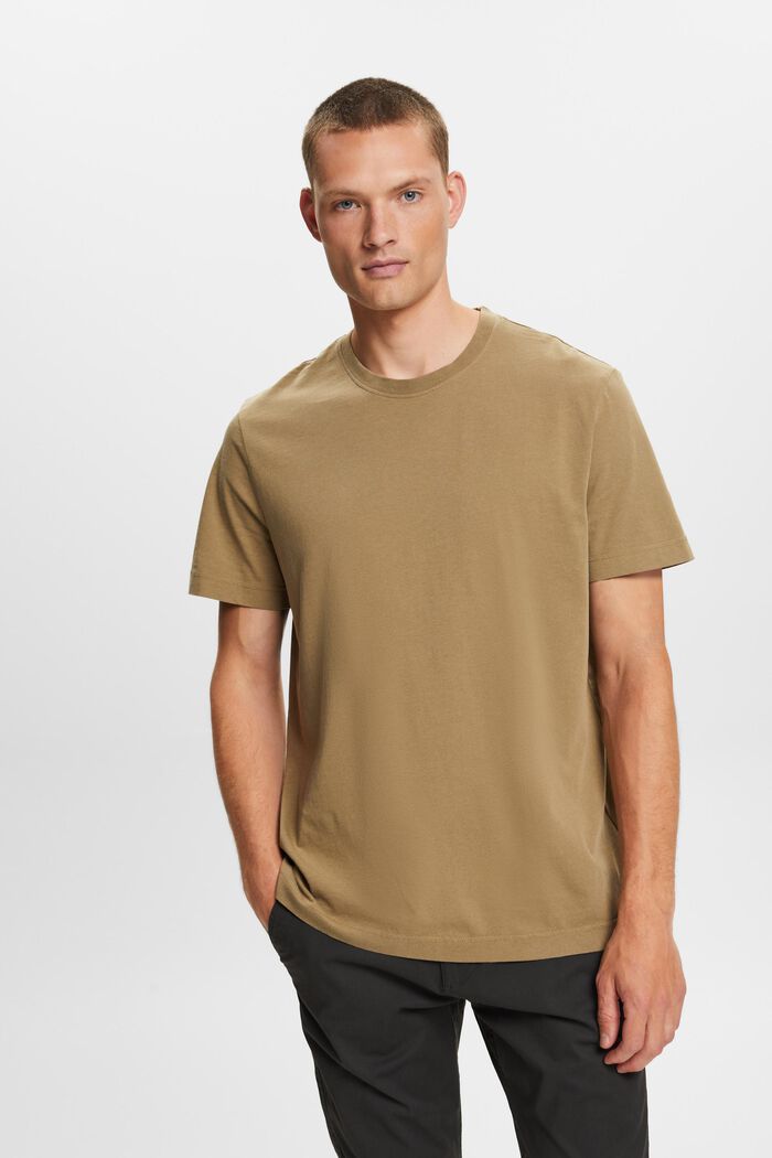Jersey-T-shirt med rund hals, 100 % bomuld, KHAKI GREEN, detail image number 0