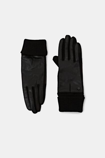 Handsker i læder og strik af uldmiks